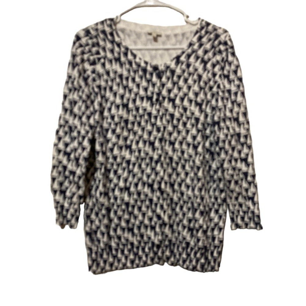 Talbots Womens Cardigan Sweater Blue Geometric Long Sleeve Scoop Neck Button M